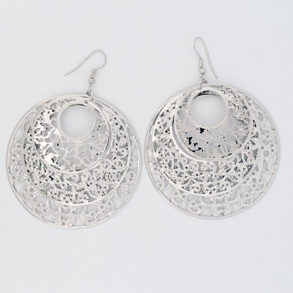 Extra Large Round Filigree Layered Dangle Earrings | Gold | NEW - Picture 2 of 2